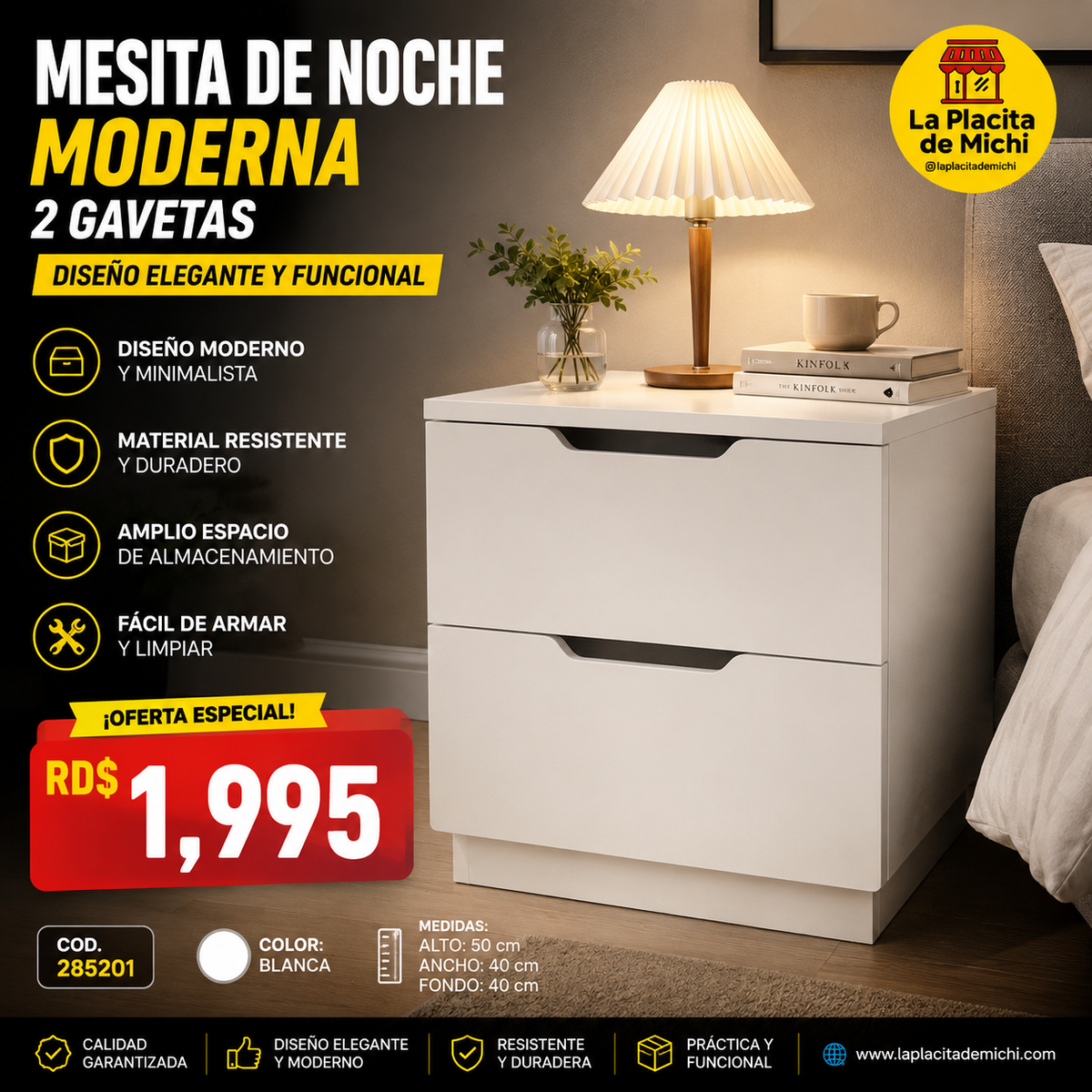 🗄️ Mesita de Noche Moderna 2 Gavetas – Blanco Color Madera Natural (Cod. 283279)

💰RD$1,995