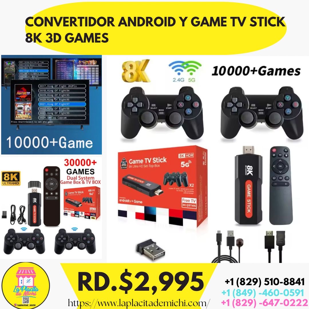 CONVERTIDOR ANDROID Y GAME TV STICK 8K 3D GAMES
Con 10.000 juegos incorporado