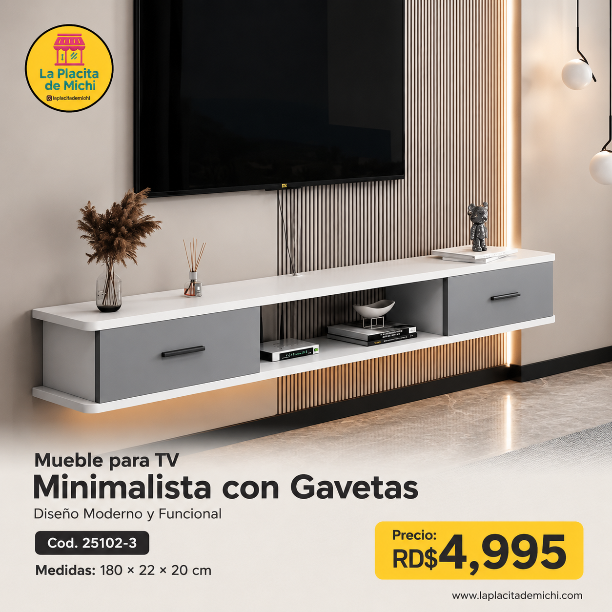 🖥️✨ Mueble para TV Minimalista con Gavetas – Diseño Moderno y Funcional ✨🖥️ Blanco Con Gris 
🆔 Cod. 25102-3
📏 Medidas: 180 × 22 × 20 cm

💰 Precio: RD$4,995