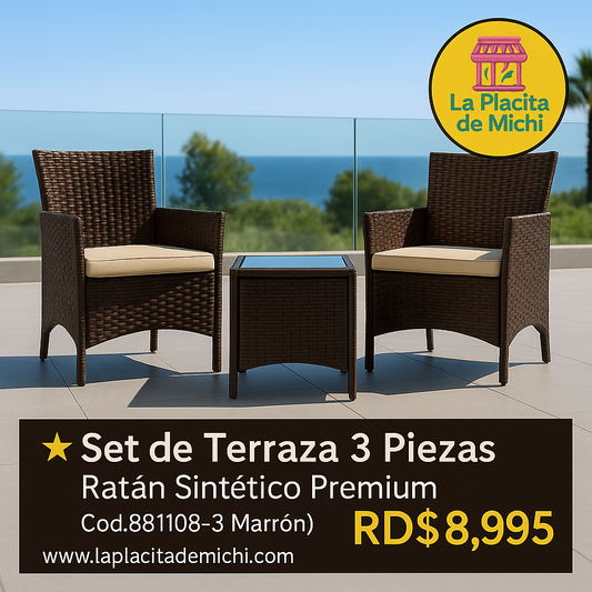 ⭐ Set de Terraza 3 Piezas – Ratán Sintético Premium (Cod.881108-3 Marrón) 

💰 RD$8,995