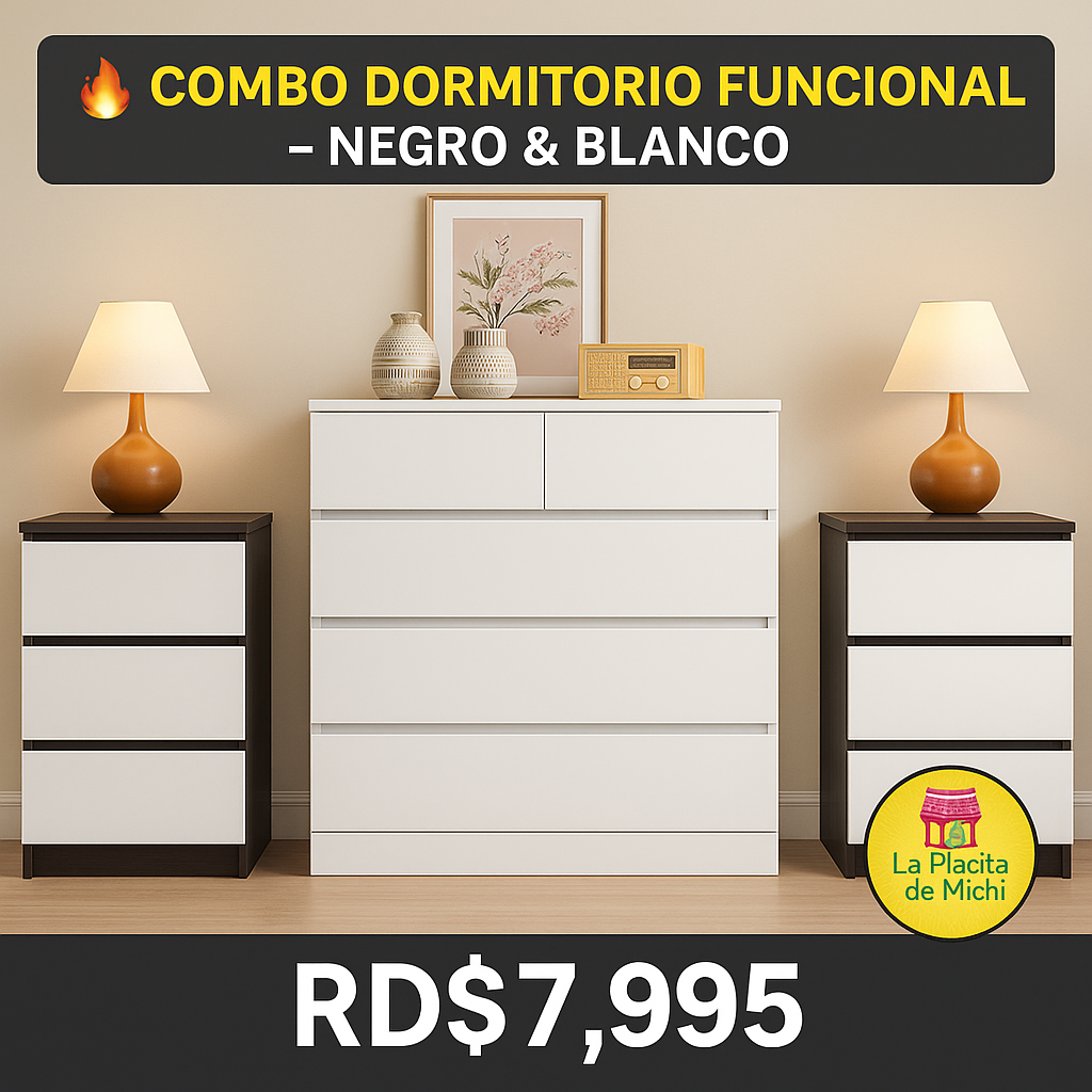 🔥 Combo Dormitorio Funcional – Organización y Estilo en Negro & Blanco
💰RD$ 7,995 

Incluye:
	•	🛏️ 2 Mesitas de Noche Negra y Blanca Elegantes, compactas y prácticas
(Cod. 283286) – 32×30×59 cm

	•	1 🗄️ Closet Moderno 6 Gavetas – Blanco Premium (Alta
