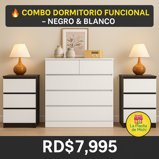 🔥 Combo Dormitorio Funcional – Organización y Estilo en Negro & Blanco
💰RD$ 7,995 

Incluye:
	•	🛏️ 2 Mesitas de Noche Negra y Blanca Elegantes, compactas y prácticas
(Cod. 283286) – 32×30×59 cm

	•	1 🗄️ Closet Moderno 6 Gavetas – Blanco Premium (Alta
