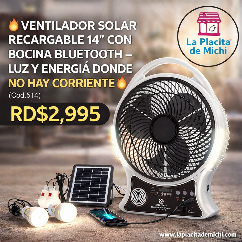 🌬️🔋 ABANICO RECARGABLE SOLAR 14” CON LUCES Y BOCINA 🔋🌬️
🆔 Modelo: EP-514 – Easy Power

💰RD$2,495