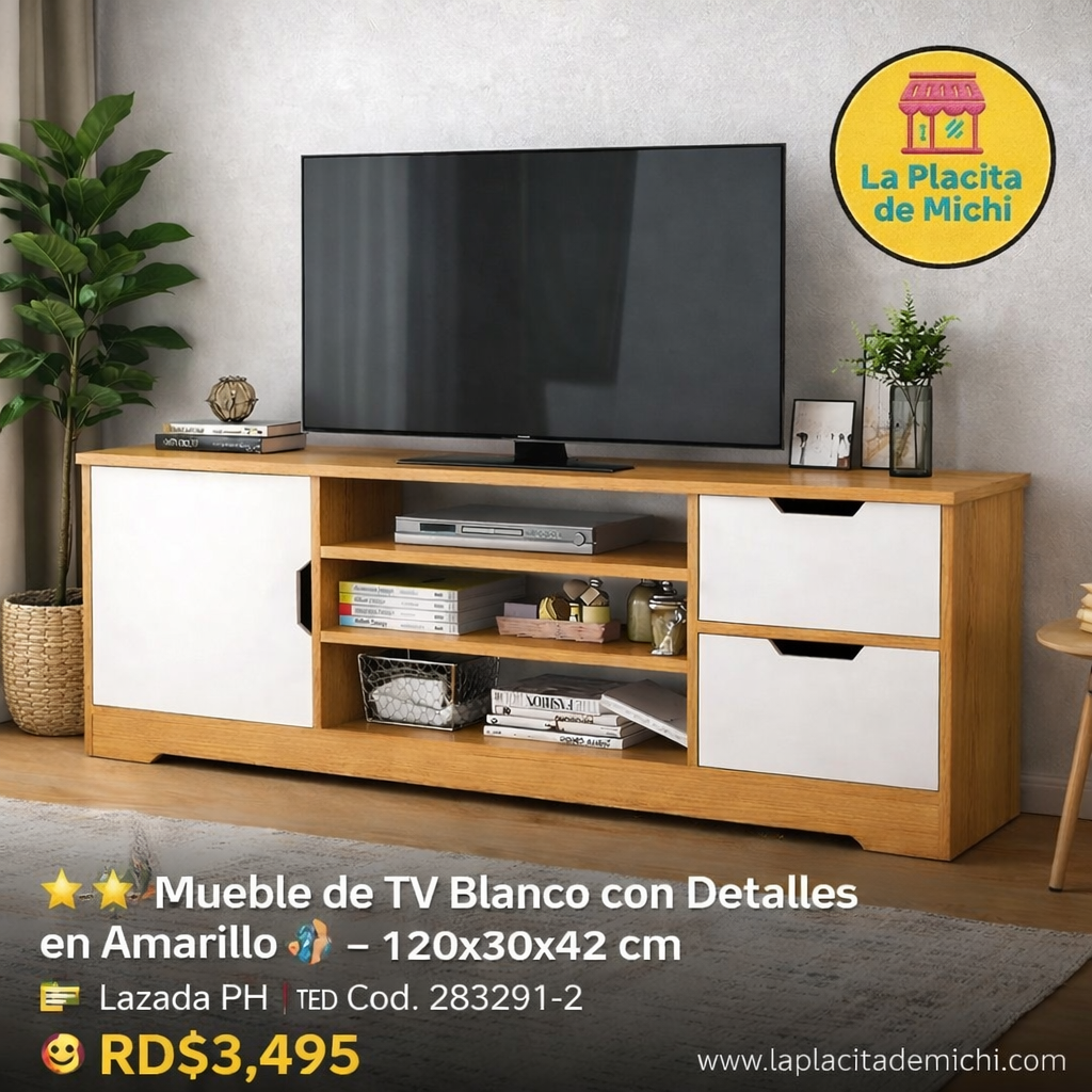 ⭐✨ Mueble de TV Blanco con Detalles en Amarillo 🪵 – 120x30x42 cm
📦 Lazada PH | 🆔 Cod. 283291-2

💰 RD$3,495