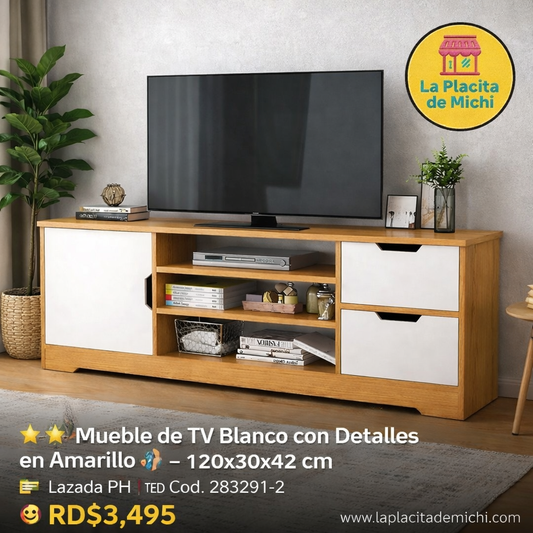 ⭐✨ Mueble de TV Blanco con Detalles en Amarillo 🪵 – 120x30x42 cm
📦 Lazada PH | 🆔 Cod. 283291-2

💰 RD$3,495