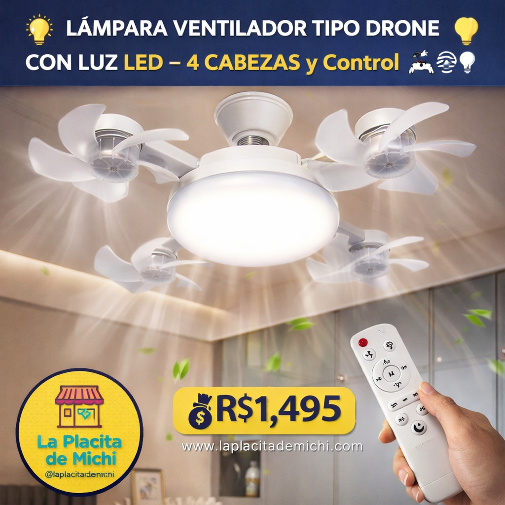 💡🌀 LÁMPARA VENTILADOR TIPO DRONE CON LUZ LED – 4 CABEZAS y Control 🕹️🌀💡

💰RD$1,495