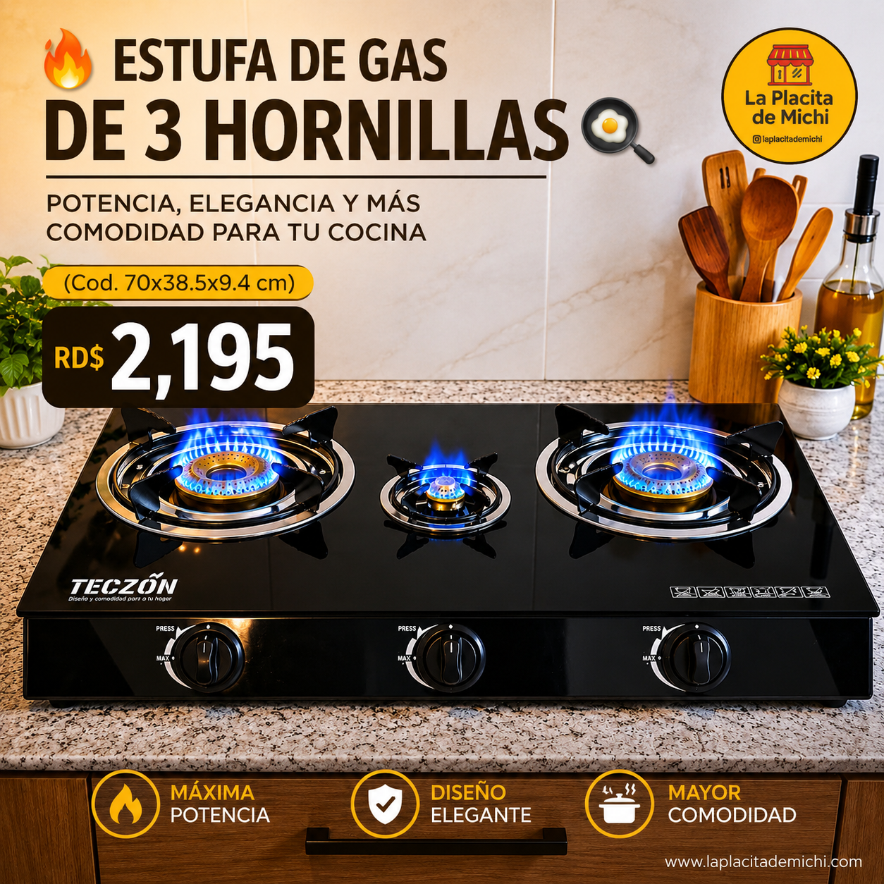 🔥🍳 ESTUFA DE GAS DE 3 HORNILLAS – POTENCIA, ELEGANCIA Y MÁS COMODIDAD PARA TU COCINA 🍳🔥
(Cod. 70x38.5x9.4 cm)

💰RD$2,195