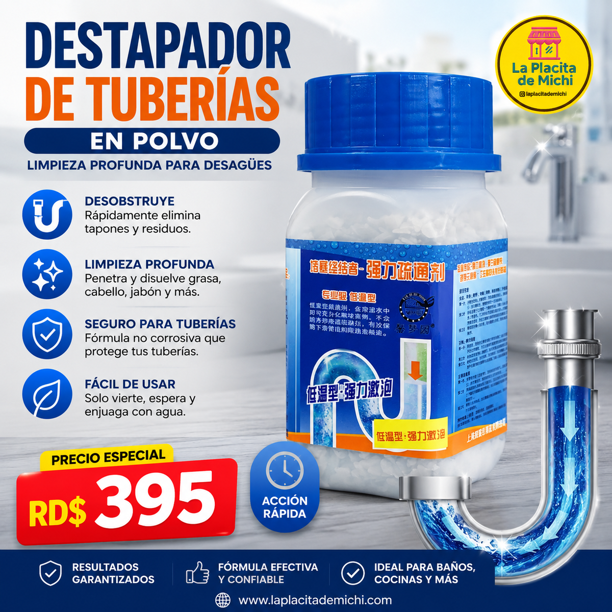 🧪🚿 DESTAPADOR DE TUBERÍAS EN POLVO – LIMPIEZA PROFUNDA PARA DESAGÜES 🚿🧪

💰 RD$395
