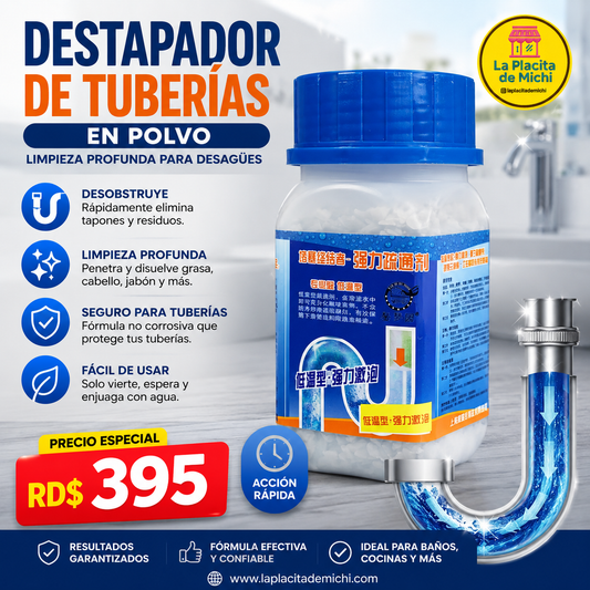🧪🚿 DESTAPADOR DE TUBERÍAS EN POLVO – LIMPIEZA PROFUNDA PARA DESAGÜES 🚿🧪

💰 RD$395