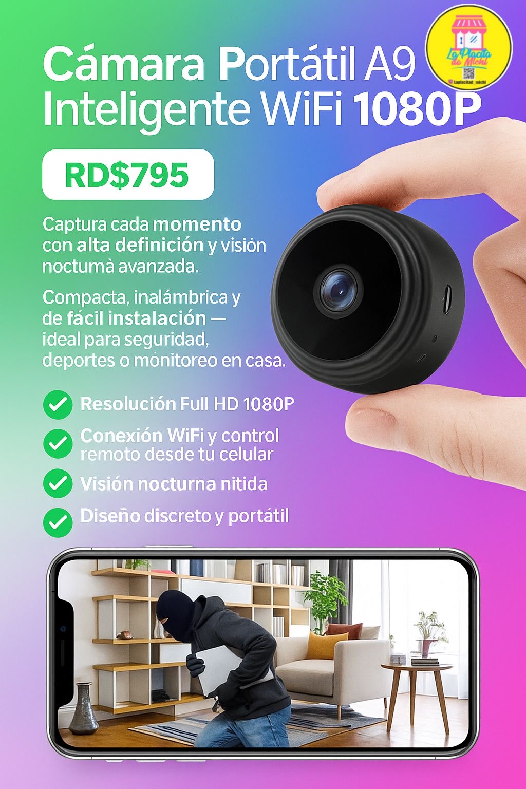 🎥 Cámara Portátil A9 Inteligente WiFi 1080P
💰 RD$795