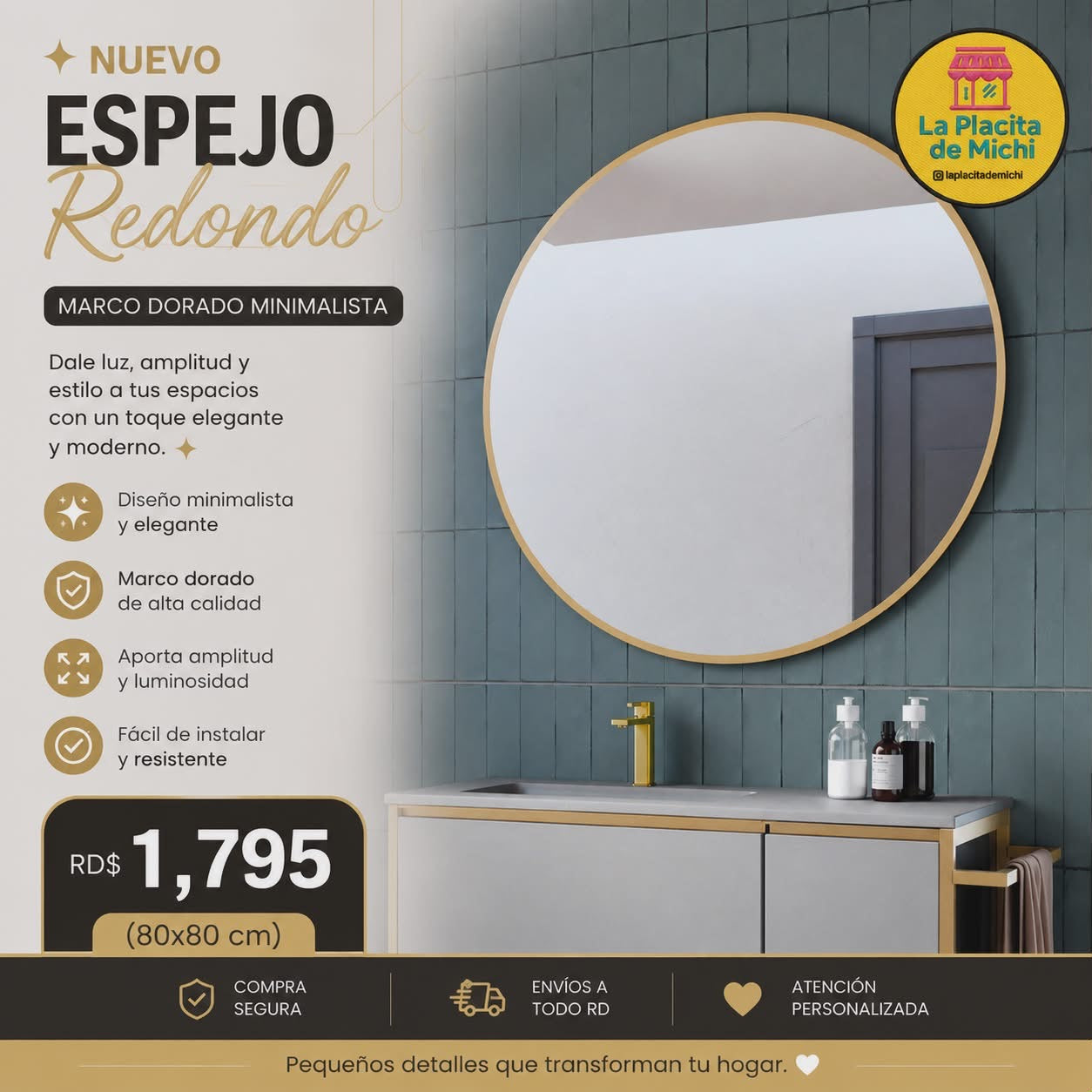 🪞 Espejo Redondo – Marco Dorado Minimalista

💰RD$1,795 (80x80 cm)