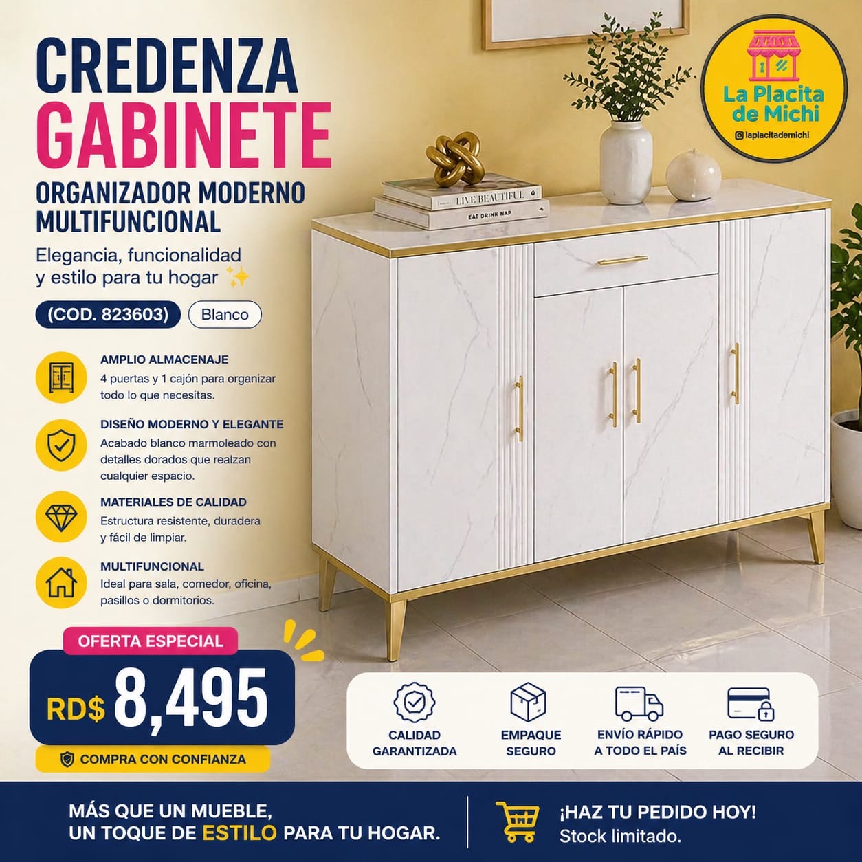 ✨ CREDENZA GABINETE ORGANIZADOR MODERNO MULTIFUNCIONAL – ELEGANCIA Y ORDEN EN UN SOLO MUEBLE ✨
(COD. 823603) Blanco 

💰RD$8,495