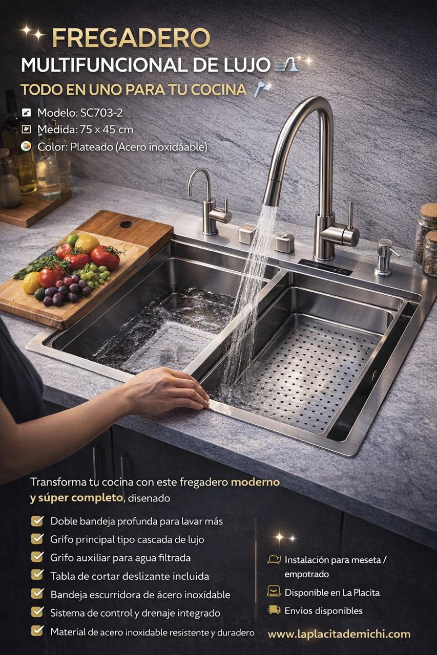 ✨🚿 FREGADERO MULTIFUNCIONAL DE LUJO – TODO EN UNO PARA TU COCINA 🚿✨
🆔 Modelo: SC703-2
📏 Medida: 75 × 45 cm
🎨 Color: Plateado (Acero inoxidable)

💰 Precio: RD$5,995