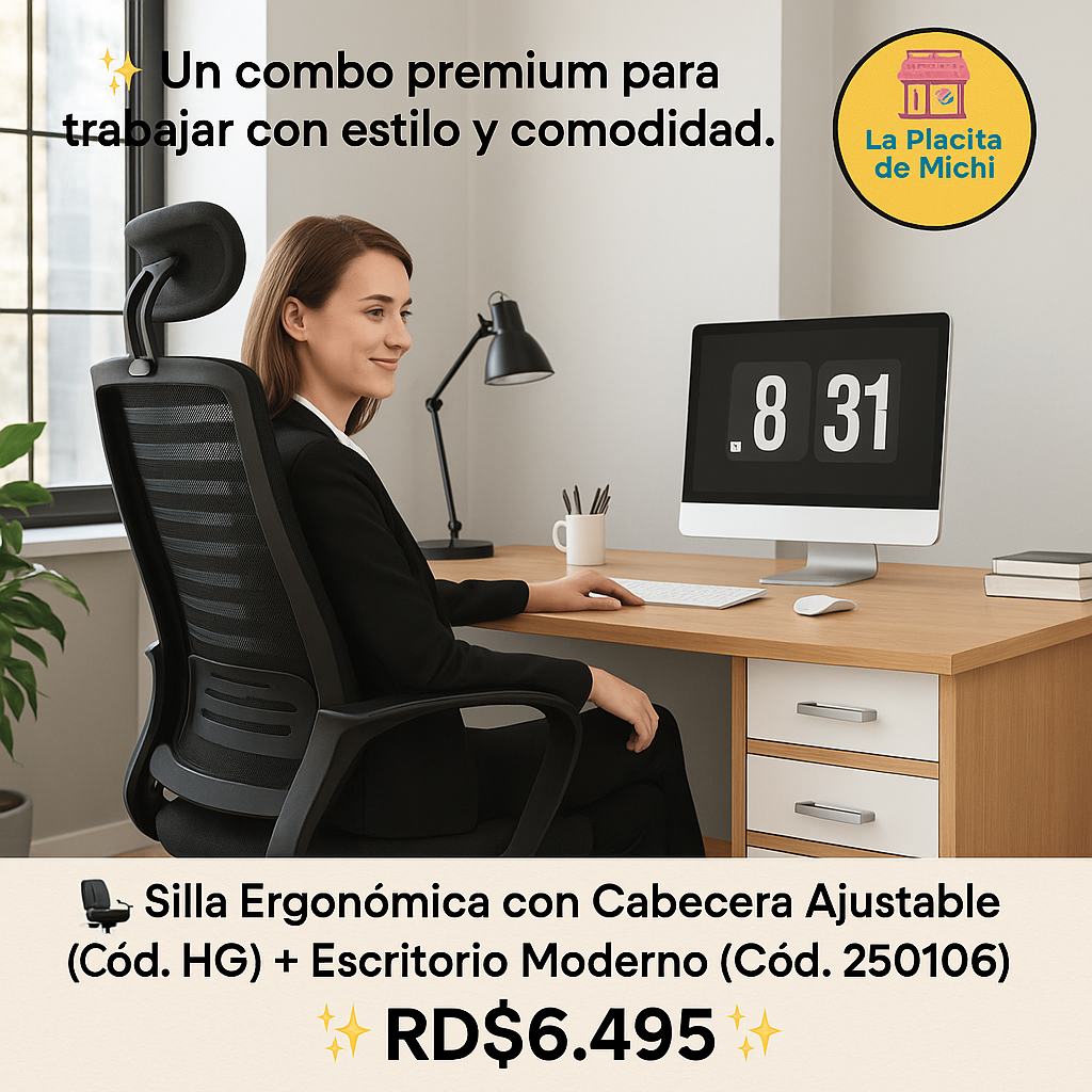 ✨ Un combo premium para trabajar con estilo y comodidad.

🪑✨ Silla Ergonómica con Cabecera Ajustable (Cód. HG) + Escritorio Moderno (Cód. 250106) ✨🪑

💰 RD$6,495