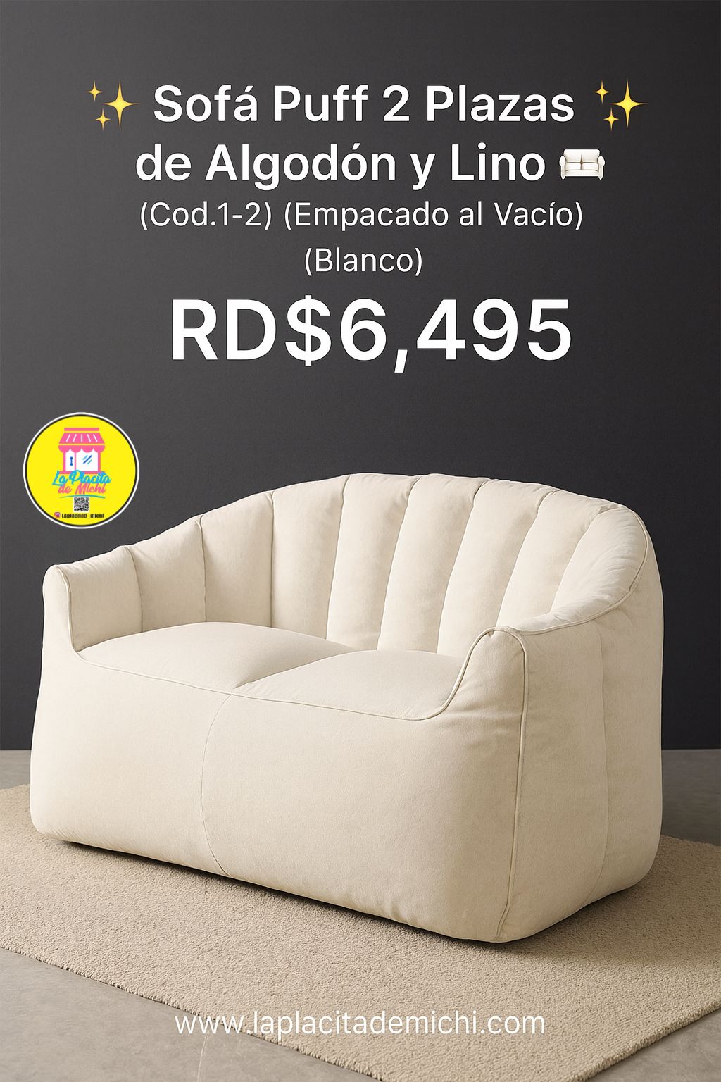 🛋️✨ Sofá Puff 2 Plazas de Algodón y Lino ✨🛋️ (Cod.1-2) (Empacado al Vacío)
 (Blanco)