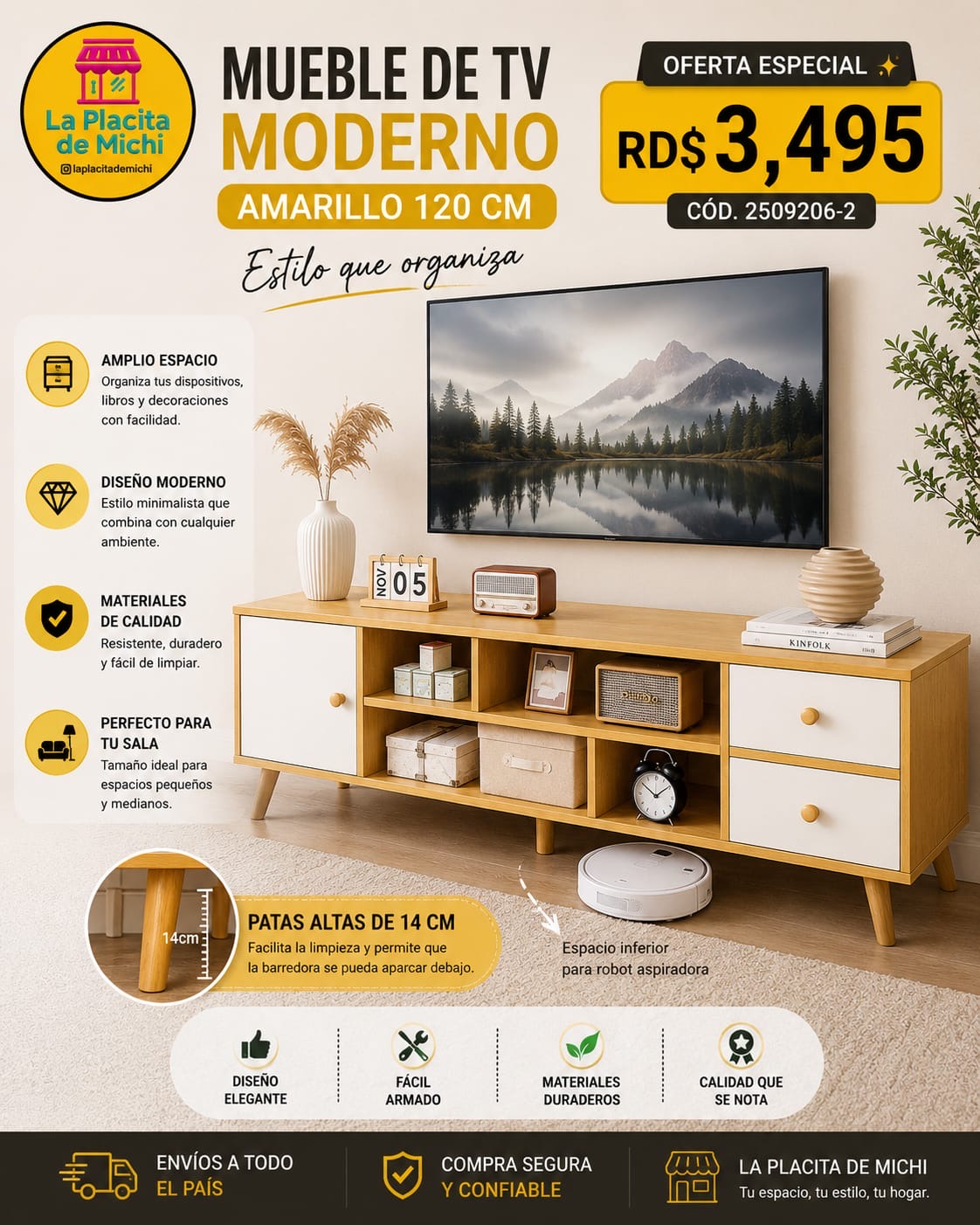 🖥️✨ MUEBLE DE TV MODERNO AMARILLO 120 CM – ESTILO QUE ORGANIZA ✨🖥️ 🆔 Cod. 2509206-2

💰 RD$3,495