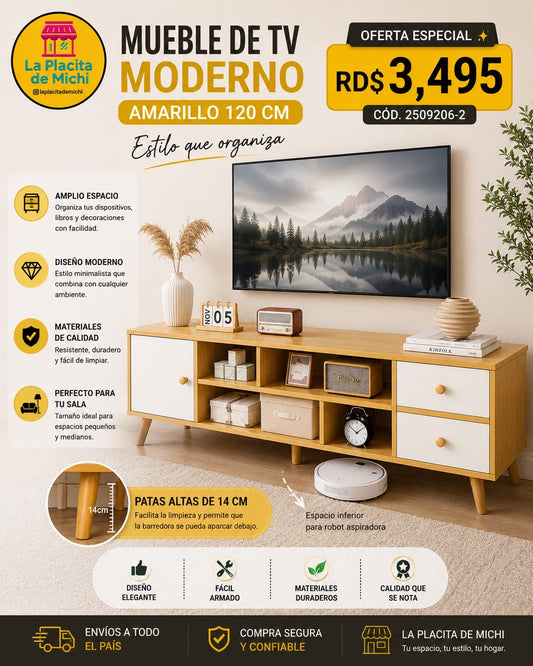 🖥️✨ MUEBLE DE TV MODERNO AMARILLO 120 CM – ESTILO QUE ORGANIZA ✨🖥️ 🆔 Cod. 2509206-2

💰 RD$3,495