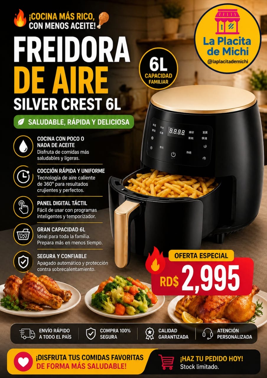🔥🍟  FREIDORA DE AIRE SILVER CREST 6L 🍗🔥

✨ Cocina más saludable, rápida y sin aceite ✨
(Capacidad XL de 6L – 2400W)