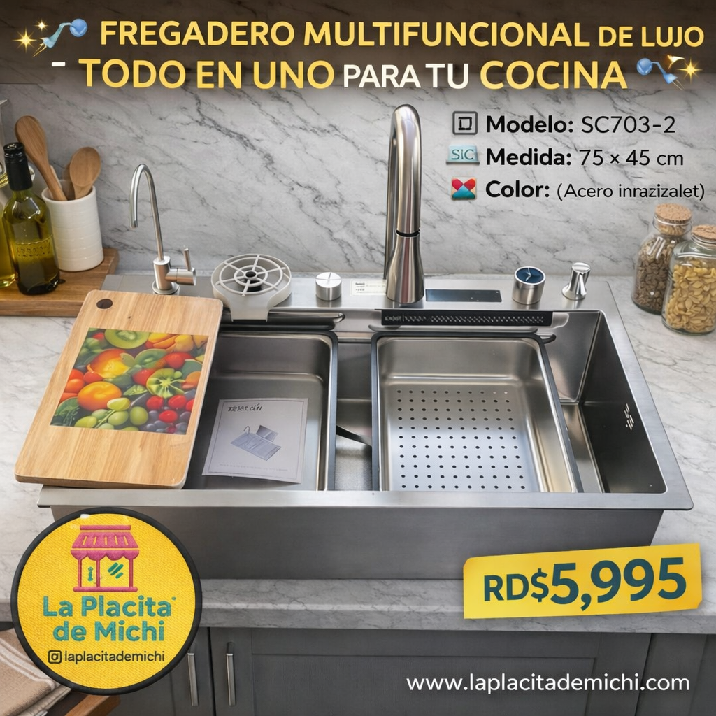 ✨🚿 FREGADERO MULTIFUNCIONAL DE LUJO – TODO EN UNO PARA TU COCINA 🚿✨
🆔 Modelo: SC703-2
📏 Medida: 75 × 45 cm
🎨 Color: Plateado (Acero inoxidable)

💰 Precio: RD$5,995