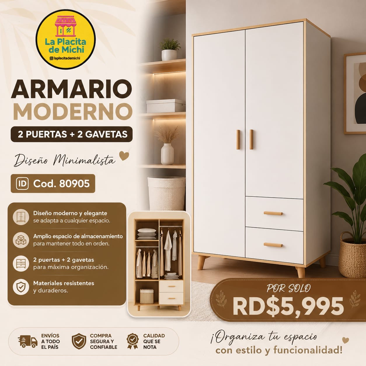 ⭐ Armario Moderno 2 Puertas + 2 Gavetas – Diseño Minimalista
📌 Cod. 80905

💰 RD$5,995

📏 Dimensiones: 180 × 80 × 45 cm