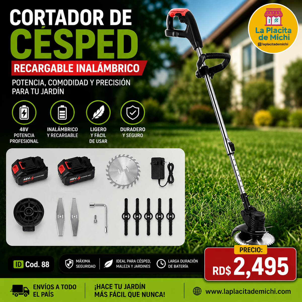 🌿⚡ CORTADOR DE CÉSPED RECARGABLE INALÁMBRICO ⚡🌿
🆔 Cod. 88
💰 RD$2,495