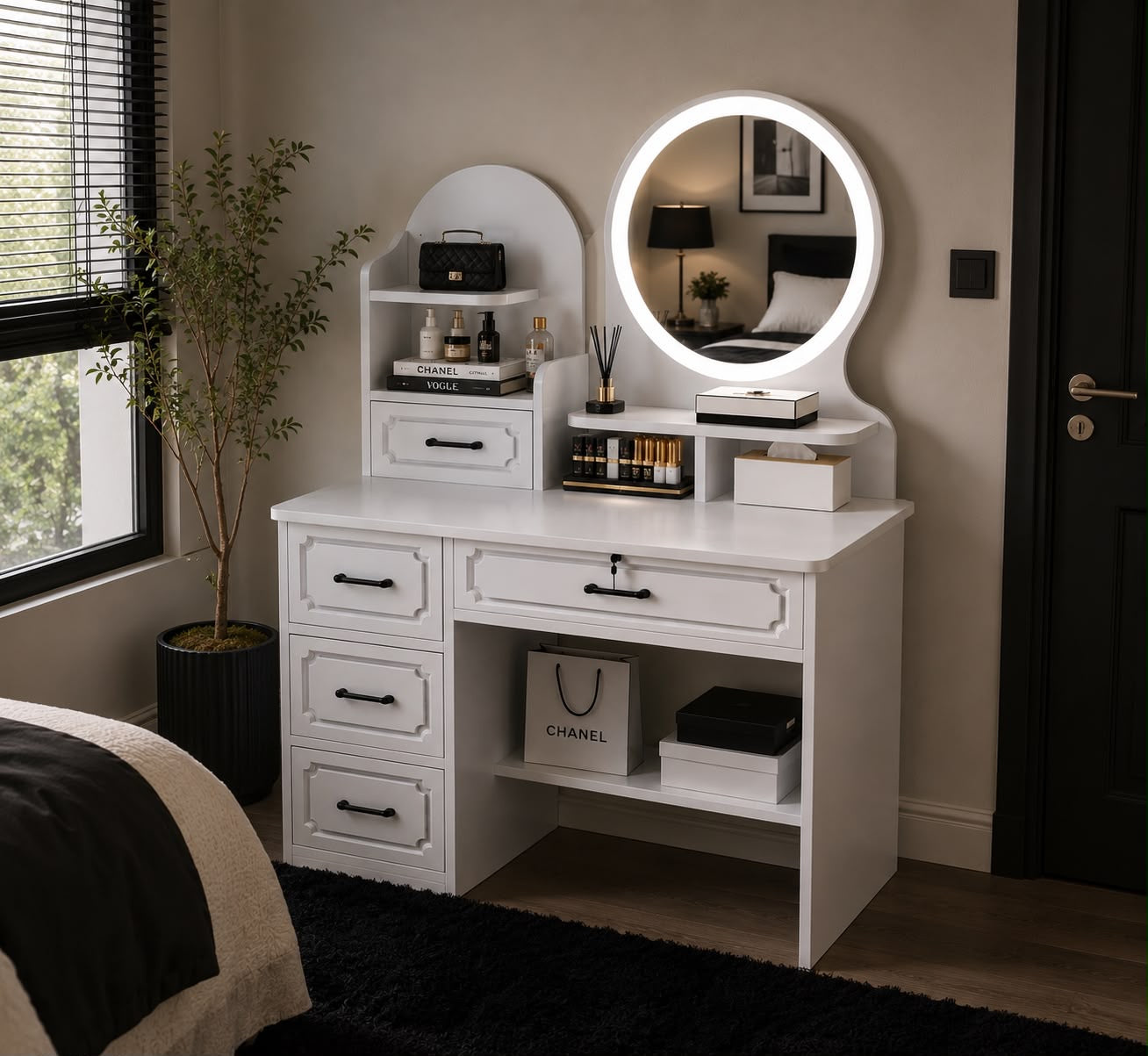 ✨🪞 TOCADOR MODERNO CON ESPEJO  REDONDO Y ORGANIZADOR INTEGRADO ✨🪞
🆔 (Cod. 25120-1)

💰RD$5,995 

📏 Medidas: 128 x 80 x 40 cm