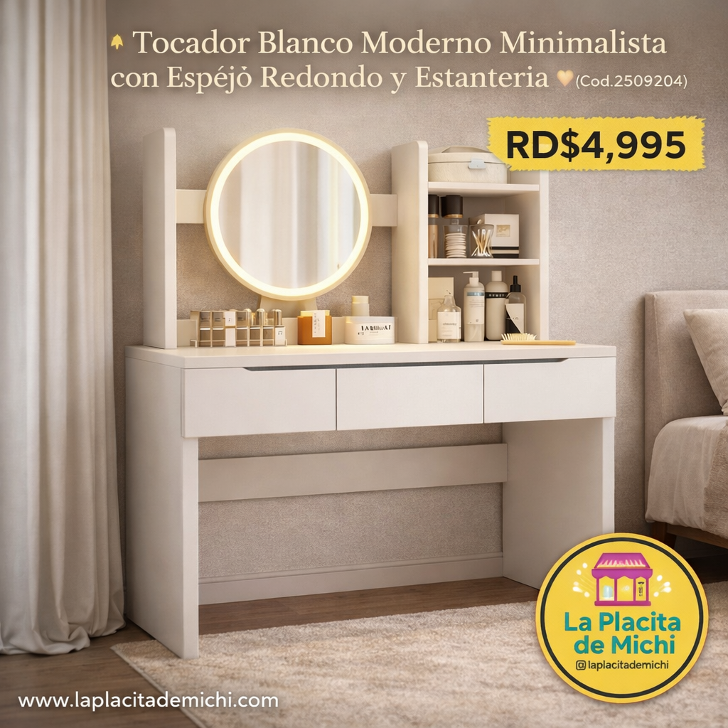 ✨ Tocador Blanco Moderno Minimalista con Espejo Redondo y Estantería ✨(Cod.2509204)

💰RD$4,995