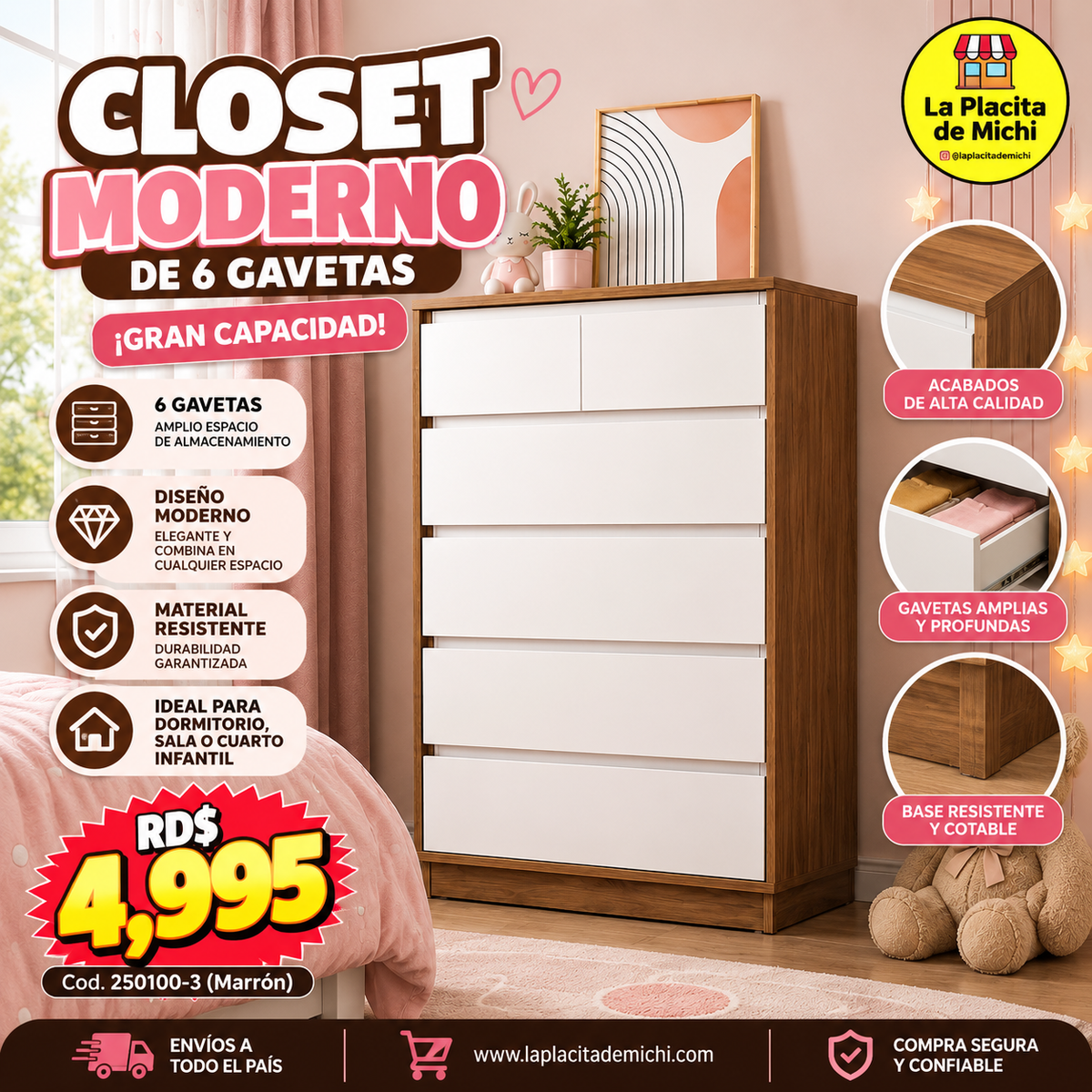🗄️✨ CLOSET MODERNO DE 6 GAVETAS –GRAN CAPACIDAD ✨🗄️ 

🆔 Cod. 250100-3 (Marrón) 
💰 RD$4,995