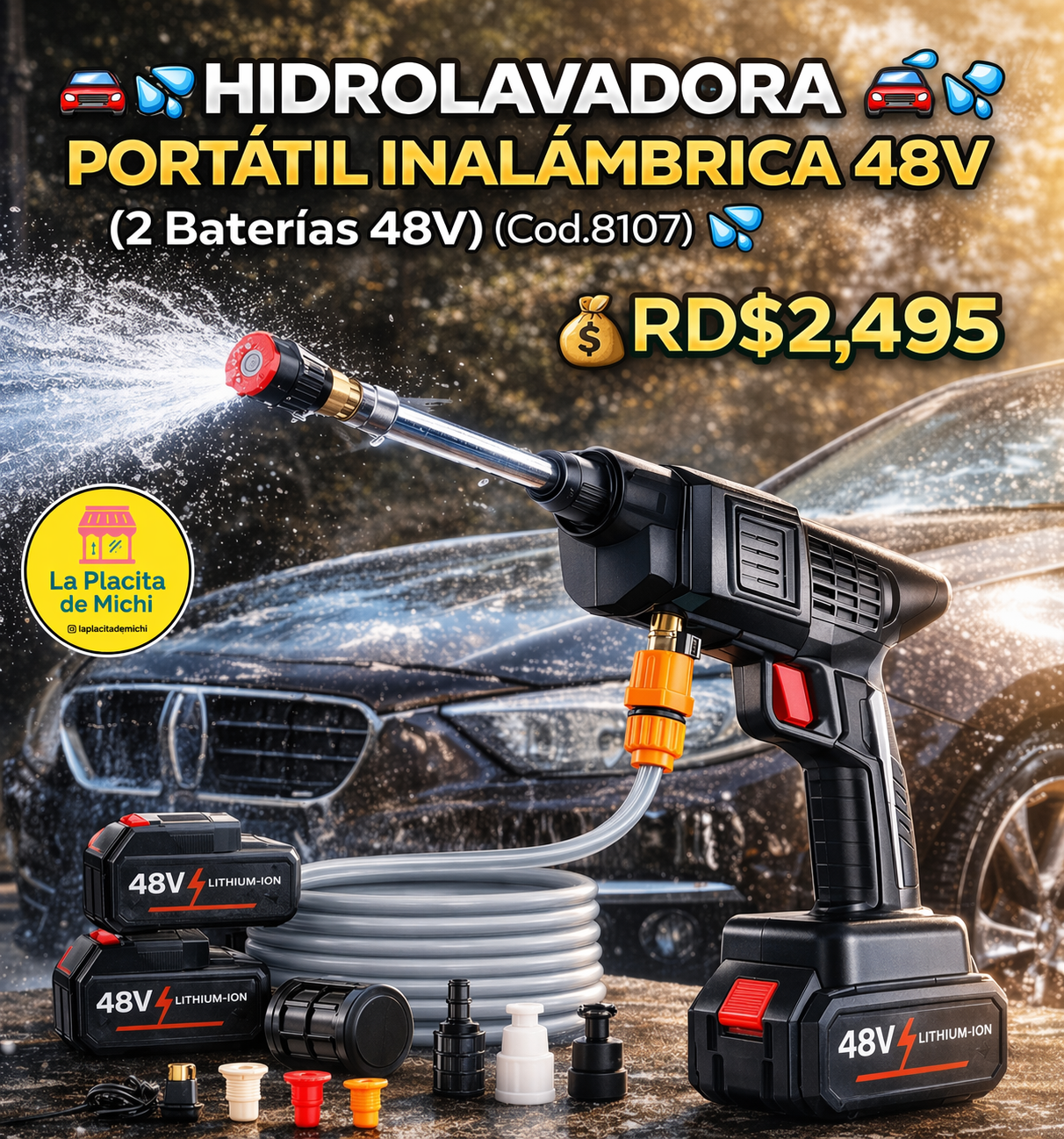🚗💦 HIDROLAVADORA PORTÁTIL INALÁMBRICA 48V  (2 Baterías 48V) 
(Cod.8107) 💦🚗 

💰RD$2,495