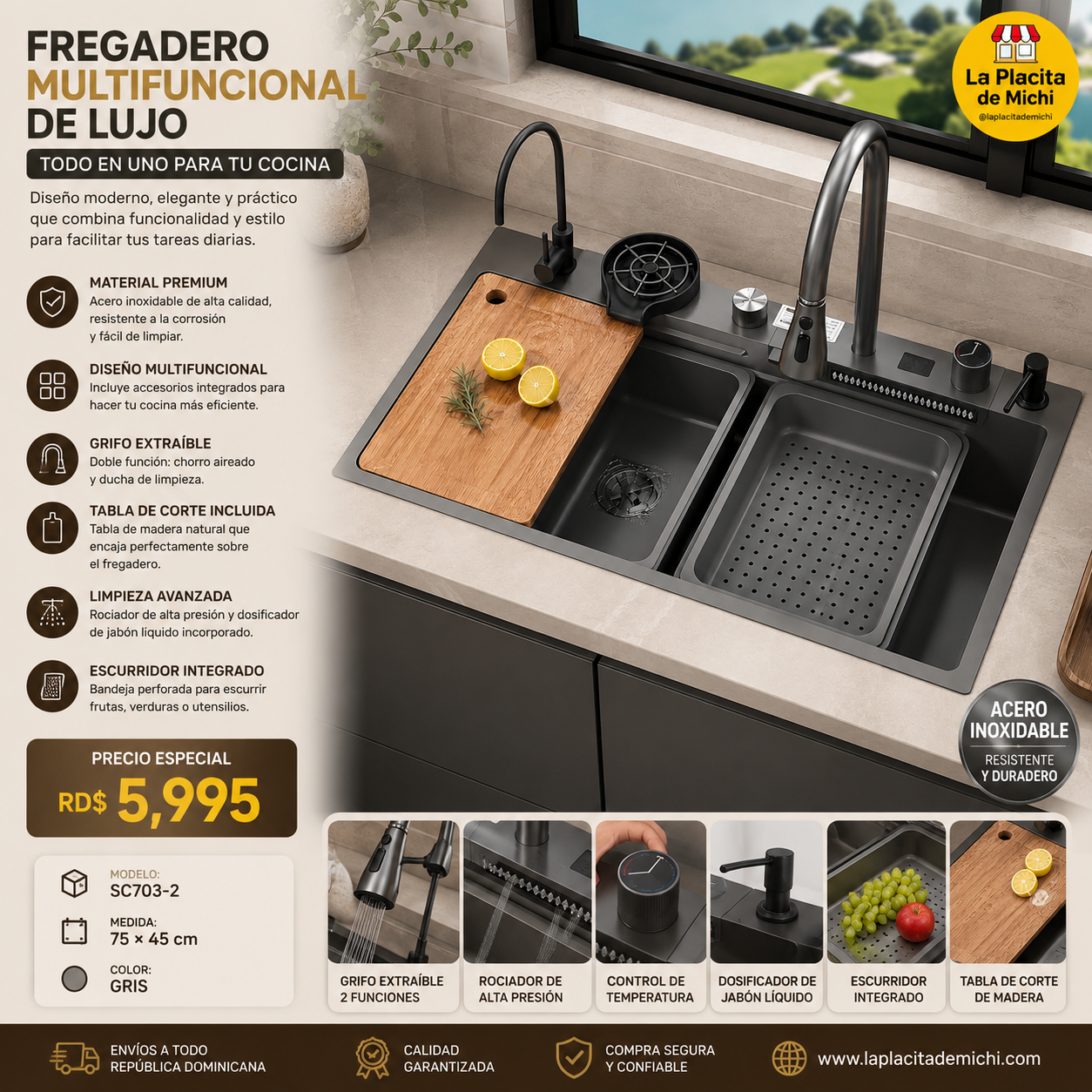 ✨🚿 FREGADERO MULTIFUNCIONAL DE LUJO – TODO EN UNO PARA TU COCINA 🚿✨
🆔 Modelo: SC703-2
📏 Medida: 75 × 45 cm
🎨 Color: GRIS 🩶 (Acero inoxidable)

💰 Precio: RD$5,995