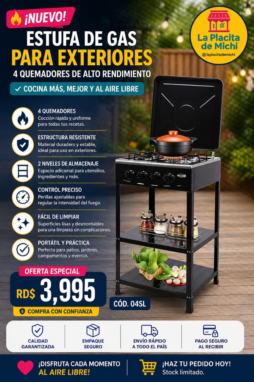 🔥 Estufa de Gas para Exteriores – 4 Quemadores de Alto Rendimiento 🔥
🆔 Cod. 04SL

💰 RD$3,995