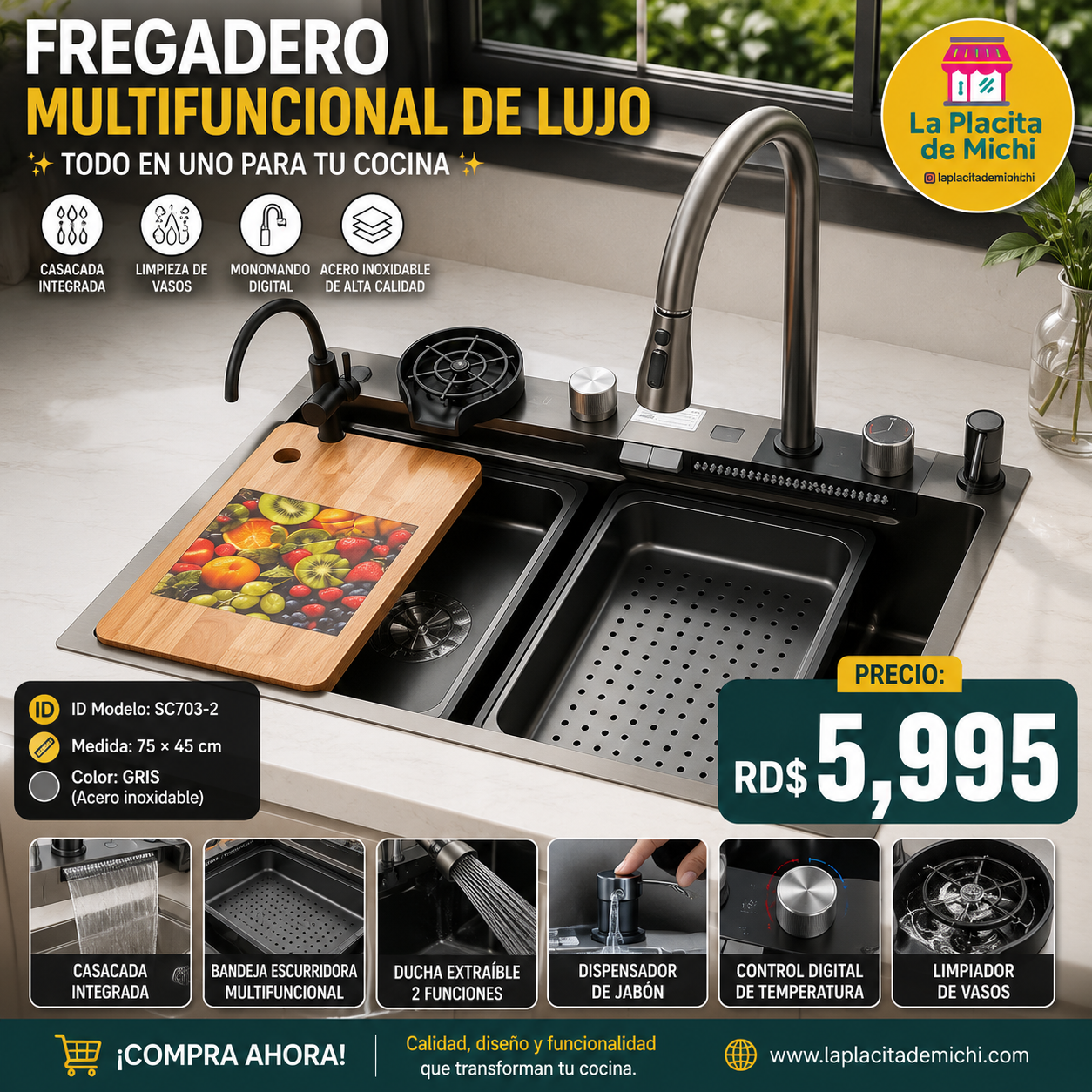 ✨🚿 FREGADERO MULTIFUNCIONAL DE LUJO – TODO EN UNO PARA TU COCINA 🚿✨
🆔 Modelo: SC703-2
📏 Medida: 75 × 45 cm
🎨 Color: GRIS 🩶 (Acero inoxidable)

💰 Precio: RD$5,995