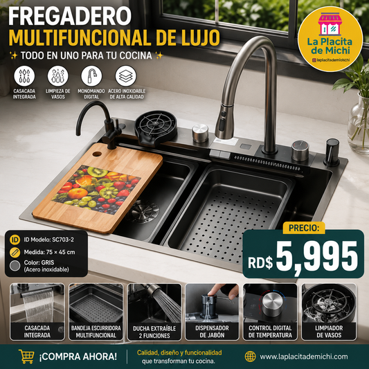 ✨🚿 FREGADERO MULTIFUNCIONAL DE LUJO – TODO EN UNO PARA TU COCINA 🚿✨
🆔 Modelo: SC703-2
📏 Medida: 75 × 45 cm
🎨 Color: GRIS 🩶 (Acero inoxidable)

💰 Precio: RD$5,995