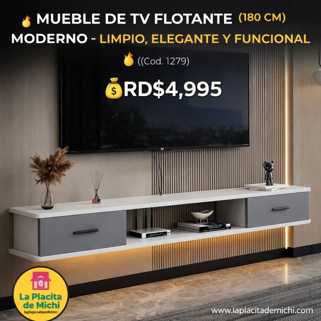 🔥 MUEBLE DE TV FLOTANTE BLANCO CON GAVETAS GRIS  *(180 CM)* MODERNO – LIMPIO, ELEGANTE Y FUNCIONAL 🔥 (Cod. 1279)

💰RD$4,995