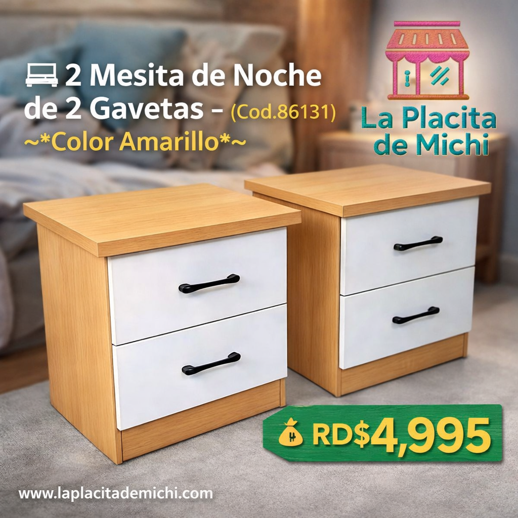 🛏️ 2 Mesita de Noche de 2 Gavetas  – (Cod.86131) ~*Color Amarillo*~

💰RD$4,995