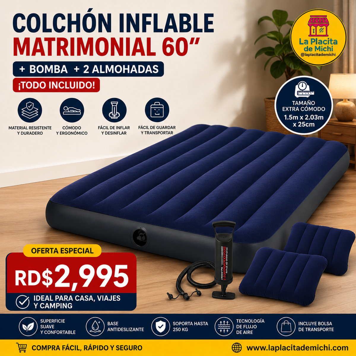 🛏️🔥 COLCHÓN INFLABLE MATRIMONIAL 60” + BOMBA + 2 ALMOHADAS ¡TODO INCLUIDO! 🔥🛏️
1.5m x 2.03m x25cm

💰 RD$2,995