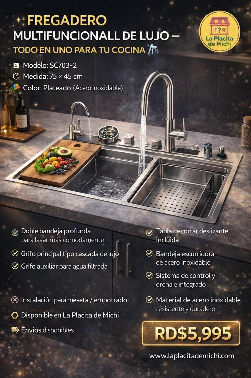 ✨🚿 FREGADERO MULTIFUNCIONAL DE LUJO – TODO EN UNO PARA TU COCINA 🚿✨
🆔 Modelo: SC703-2
📏 Medida: 75 × 45 cm
🎨 Color: Plateado (Acero inoxidable)

💰 Precio: RD$5,995