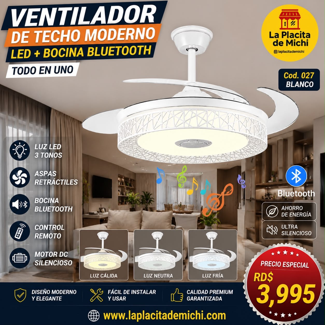 ✨💡 VENTILADOR DE TECHO MODERNO LED + BOCINA BLUETOOTH – TODO EN UNO 💡✨
📌 (Cod. 027 blanco )

💰RD$3,995