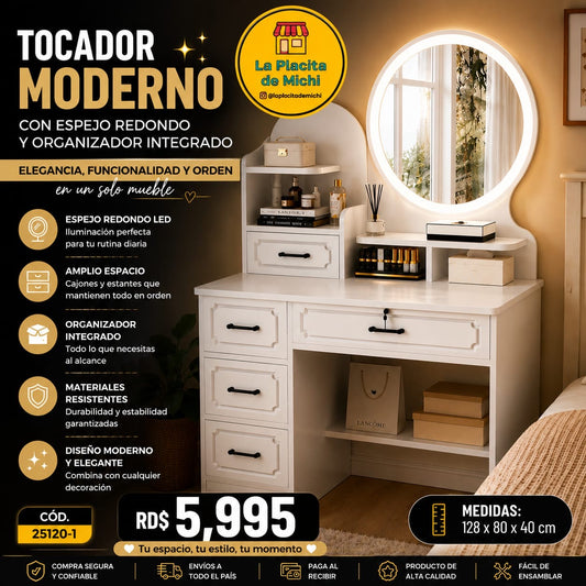 ✨🪞 TOCADOR MODERNO CON ESPEJO  REDONDO Y ORGANIZADOR INTEGRADO ✨🪞
🆔 (Cod. 25120-1)

💰RD$5,995 

📏 Medidas: 128 x 80 x 40 cm