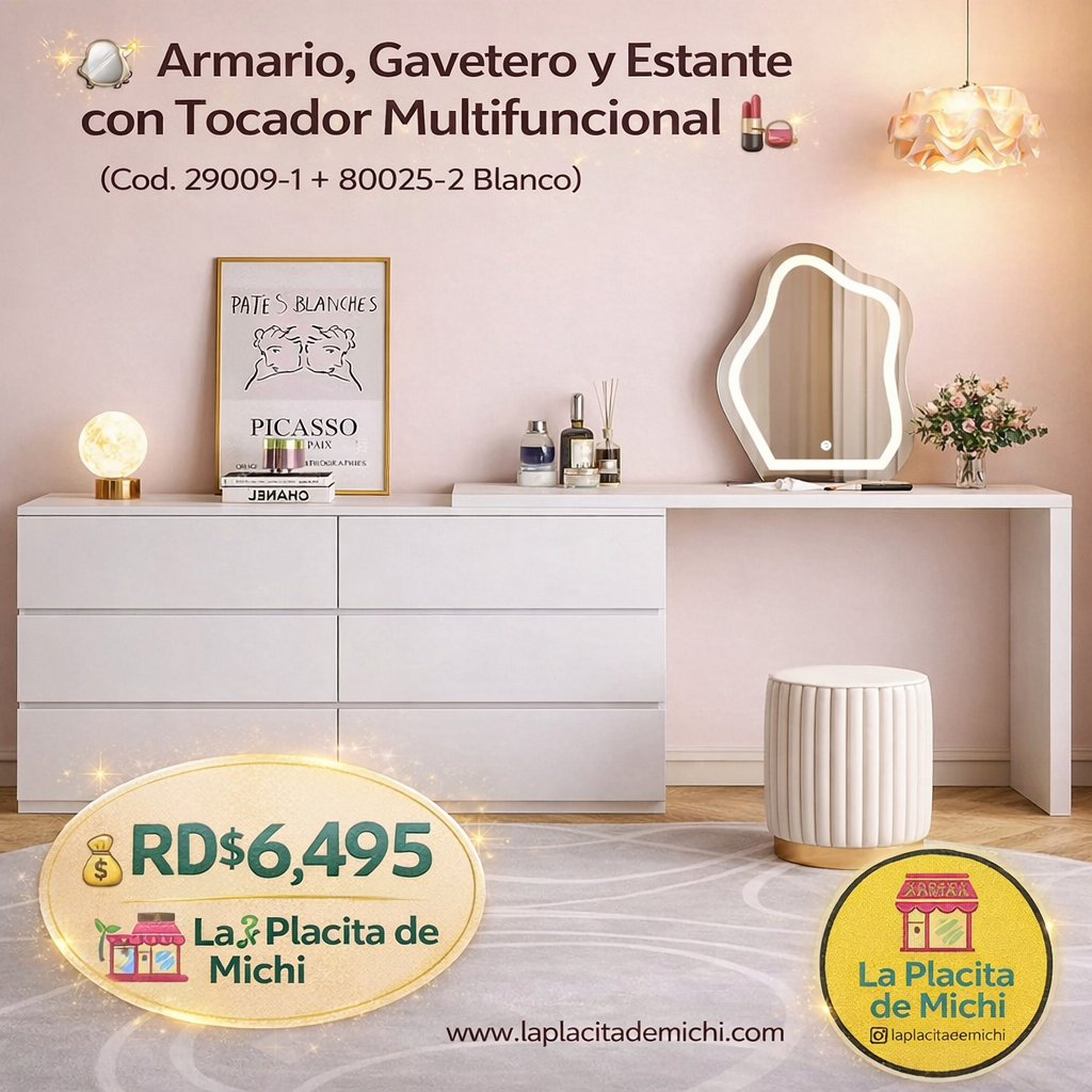 🪞✨ Armario, Gavetero y Estante con Tocador Multifuncional 🛋️💄 (Cod.29009-1)