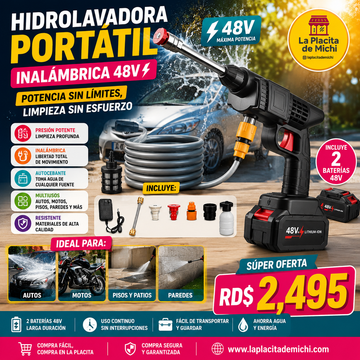🚗💦 HIDROLAVADORA PORTÁTIL INALÁMBRICA 48V  (2 Baterías 48V) 
(Cod.8107) 💦🚗 

💰RD$1,995