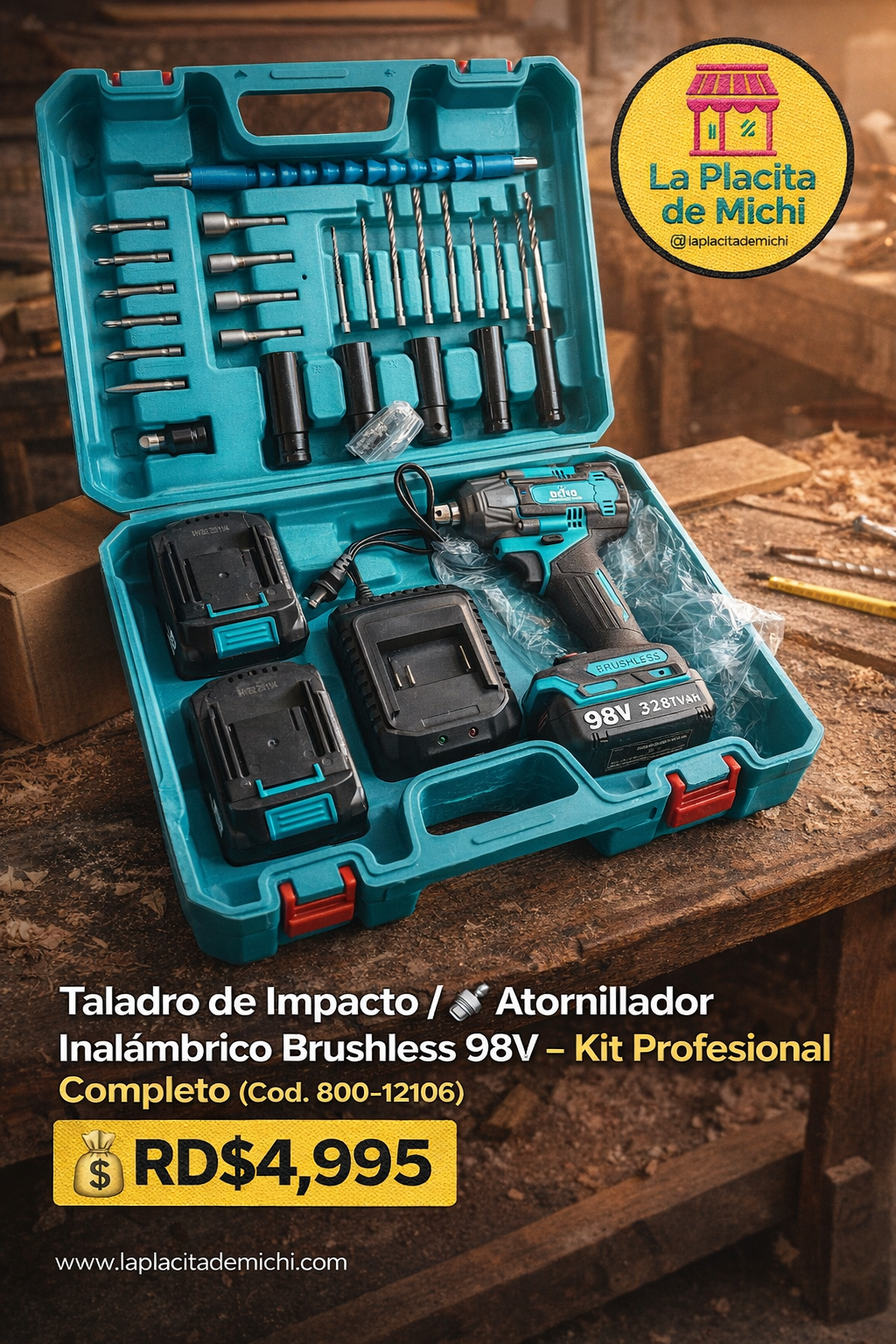 Taladro de Impacto / 🔩 Atornillador  de (2 Baterías 98V) Inalámbricao Brushless – Kit Profesional Completo (Cod. 800-12106)

💰RD$4,995