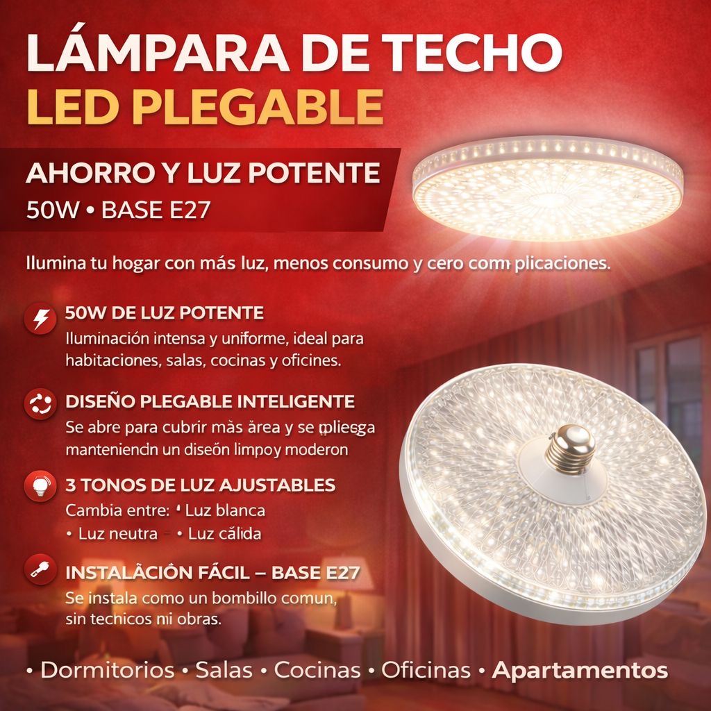 🔴💡 LÁMPARA  ELEGANTE DE TECHO LED PLEGABLE – 50W POTENCIA REAL 💡🔴 (Cod.66046)

💰RD$995