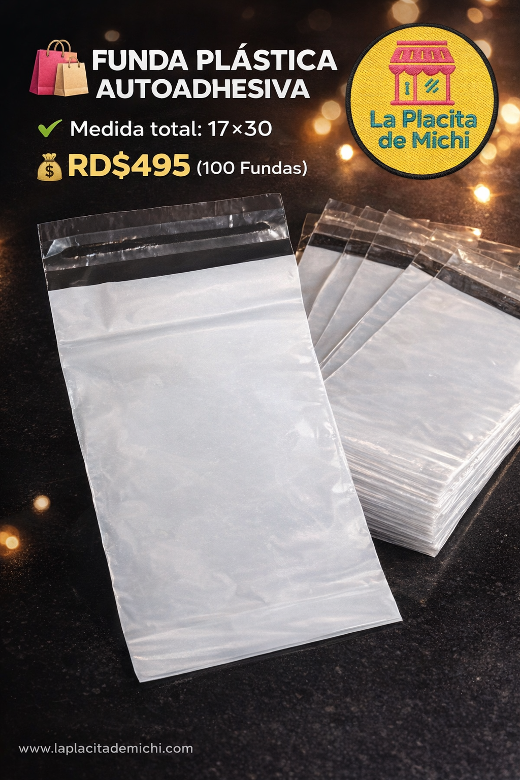 🛍️ FUNDA PLÁSTICA TRANSLÚCIDA AUTOADHESIVA 
✔️ Medida total: 17×30 
💰RD$495  (100 Fundas)