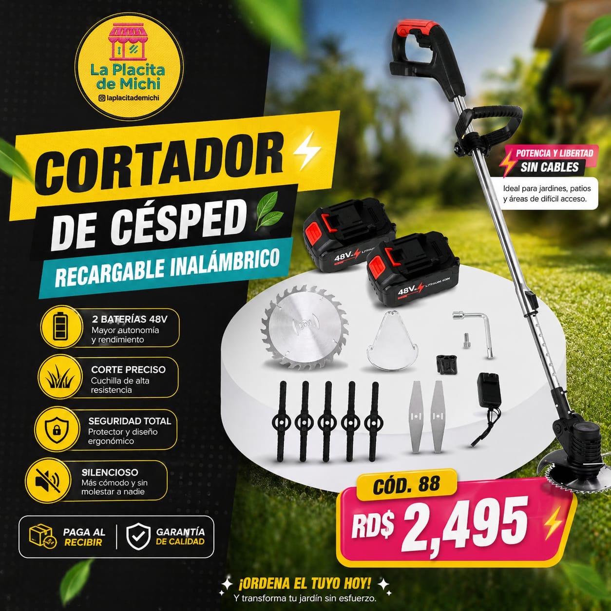 🌿⚡ CORTADOR DE CÉSPED RECARGABLE INALÁMBRICO ⚡🌿
🆔 Cod. 88
💰 RD$2,495