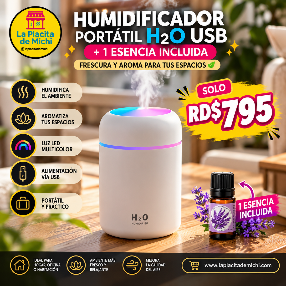 💧🌈 HUMIDIFICADOR PORTÁTIL H2O USB + 1 ESENCIA INCLUIDA – FRESCURA Y AROMA PARA TUS ESPACIOS ✨🌸

💰 RD$795