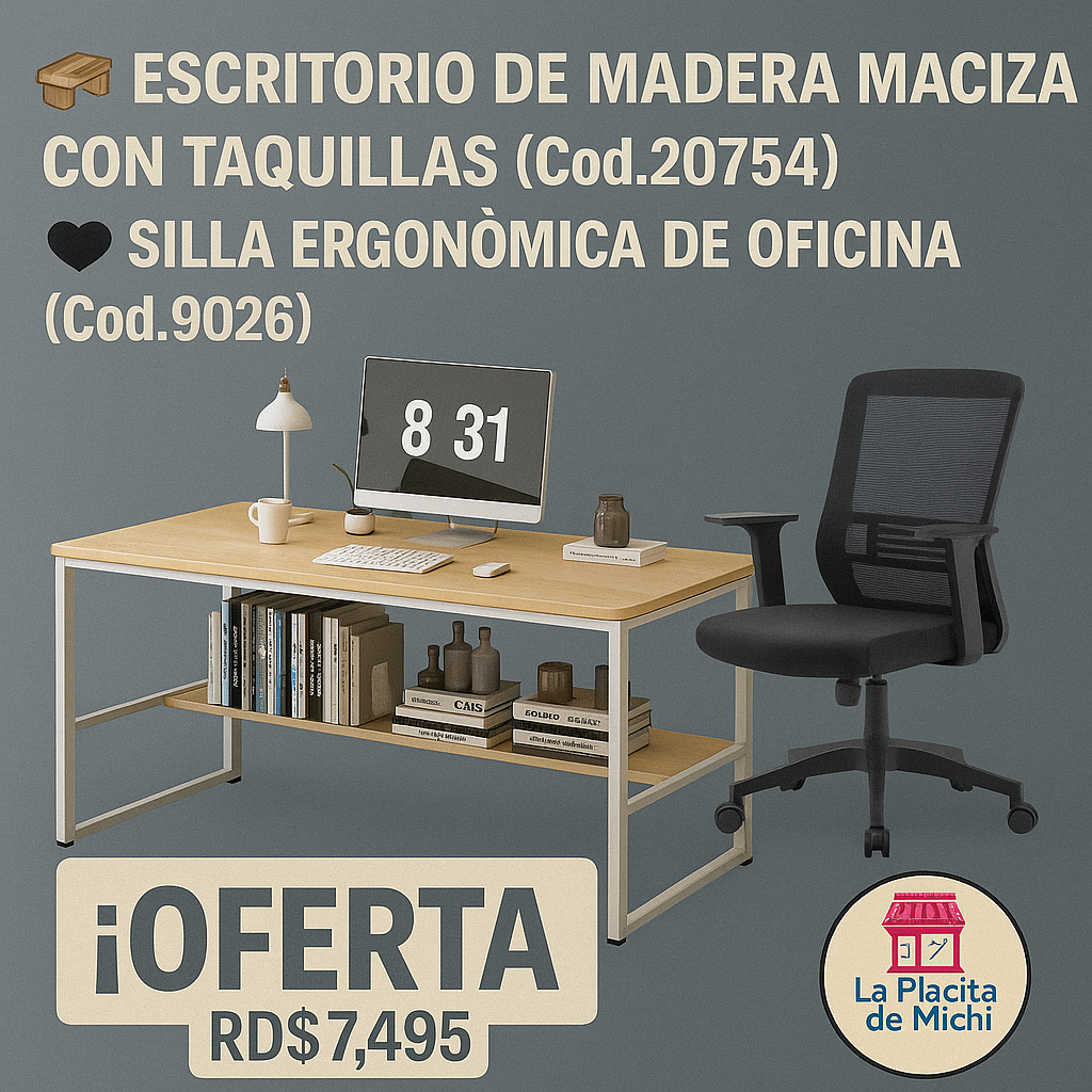 🔥 COMBO PREMIUM DE OFICINA – Productividad + Comodidad Sin Excusas 🔥

🪵 Escritorio de Madera Maciza con Taquillas (Cod.22754) + 🖤 Silla Ergonómica de Oficina (Cod.9026)

💰 Precio Combo: RD$7,495