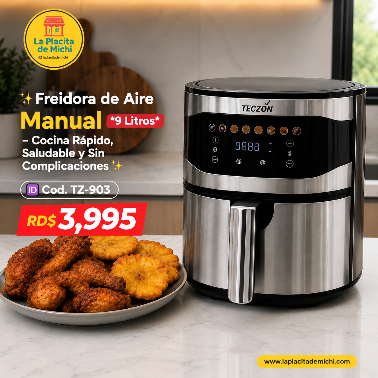 ✨ Freidora de Aire Digital *9 Litros*  – Cocina Rápido, Saludable y Sin Complicaciones ✨

🆔 Cod. TZ-901

💰RD$3,995