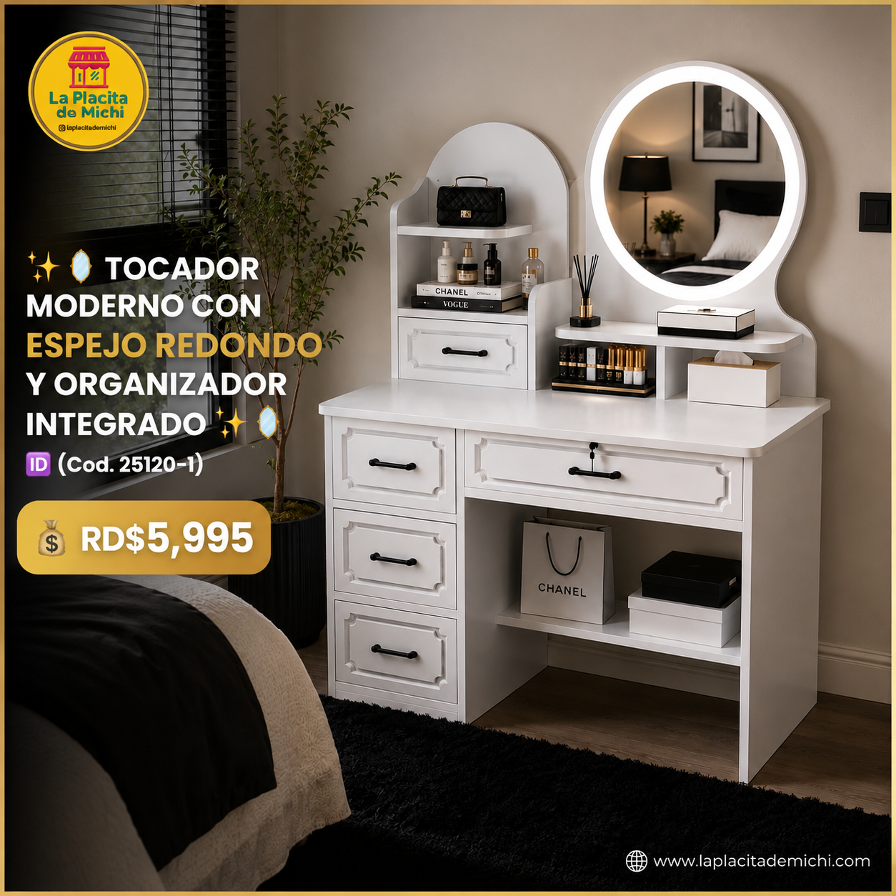 ✨🪞 TOCADOR MODERNO CON ESPEJO  REDONDO Y ORGANIZADOR INTEGRADO ✨🪞
🆔 (Cod. 25120-1)

💰RD$5,995 

📏 Medidas: 128 x 80 x 40 cm