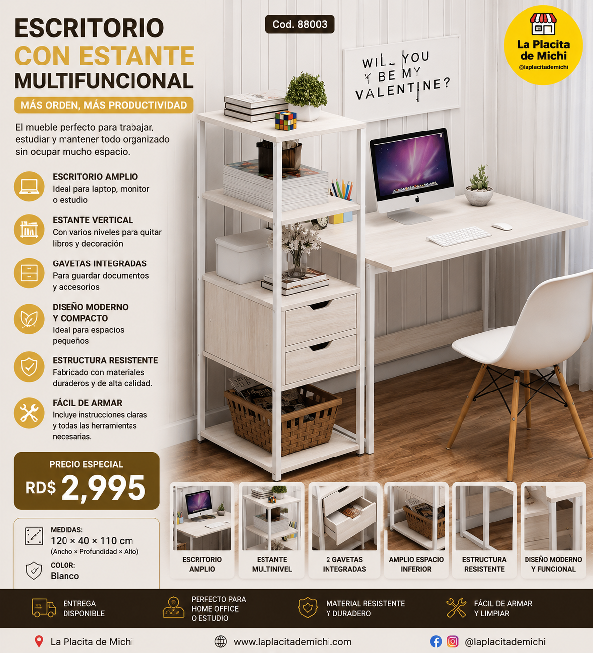 🪑✨ ESCRITORIO CON ESTANTE MULTIFUNCIONAL – MÁS ORDEN, MÁS PRODUCTIVIDAD ✨🪑
🆔 Cod. 88003
🎨 Color: Blanco con Amarillo

💰 Precio: RD$2,995